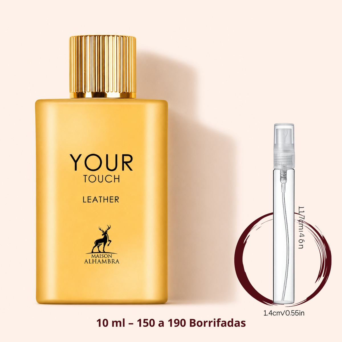 Maison Alhambra Your Touch Leather — frasco dourado ao lado de um decant spray de 10 ml, para comparar o tamanho; cerca de 150 a 190 borrifadas