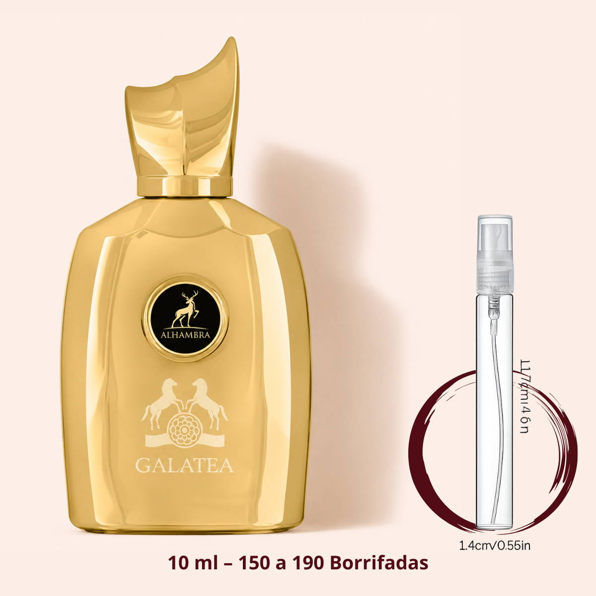 Maison Alhambra Galatea — frasco dourado ao lado de um decant spray de 10 ml, para comparar o tamanho; cerca de 150 a 190 borrifadas