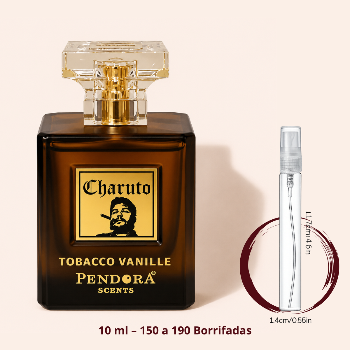 Paris Corner Charuto Tobacco Vanille — frasco âmbar ao lado de um decant spray de 10 ml, para comparar o tamanho; cerca de 150 a 190 borrifadas