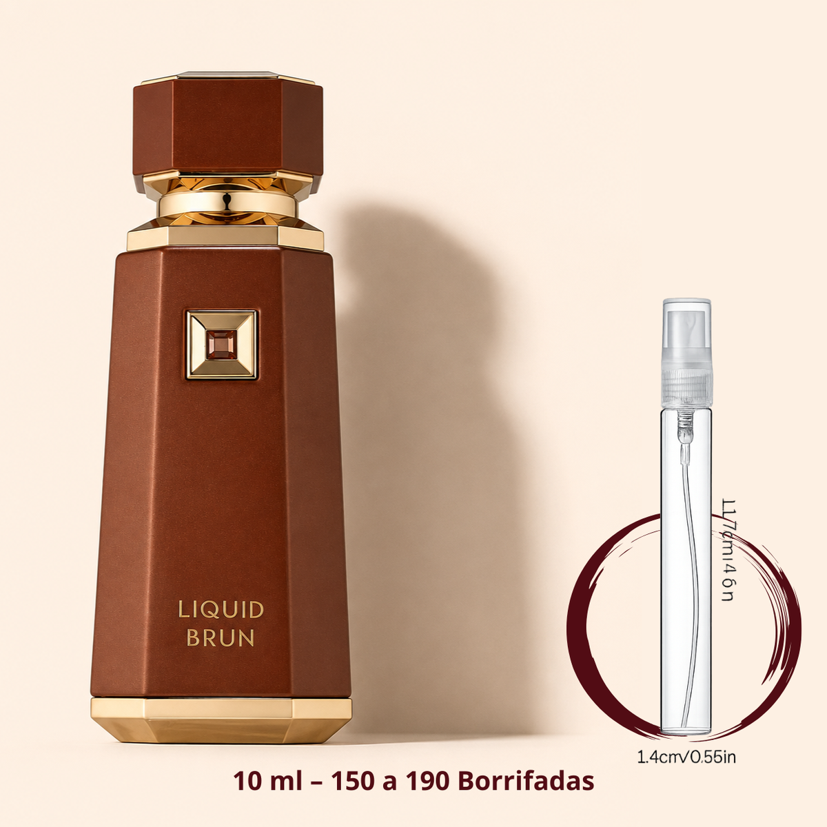 French Avenue Liquid Brun — frasco ao lado de um decant spray de 10 ml, para comparar o tamanho; cerca de 150 a 190 borrifadas