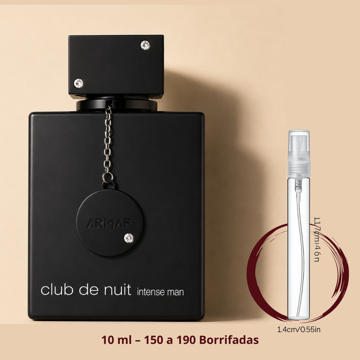 Armaf Club de Nuit Intense Man — frasco ao lado de um decant spray de 10 ml, para comparar o tamanho; cerca de 150 a 190 borrifadas