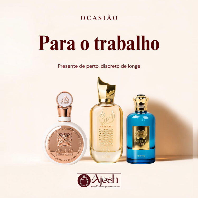 Capa da coleção Para o Trabalho: frascos de Lattafa Fakhar Rose, Al Wataniah Ameerati e Riiffs Imperial Bleu sobre fundo bege claro.