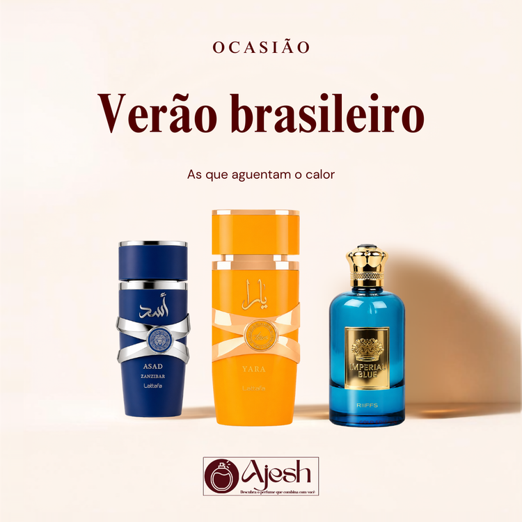 Capa da coleção Verão Brasileiro: frascos de Lattafa Asad Zanzibar, Lattafa Yara Tous e Riiffs Imperial Bleu sobre fundo bege claro.