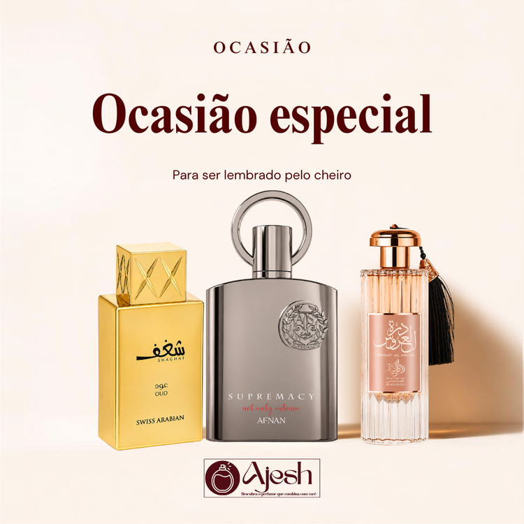 Capa da coleção Ocasião Especial: frascos de Swiss Arabian Shaghaf Oud, Afnan Supremacy Not Only Intense e Al Wataniah Durrat Al Aroos.