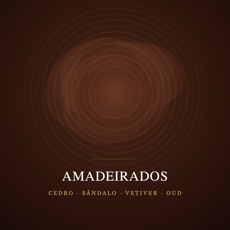 Capa da coleção Amadeirados: nuvens castanhas e anéis dourados sobre fundo escuro, evocando cedro, sândalo, vetiver e oud.