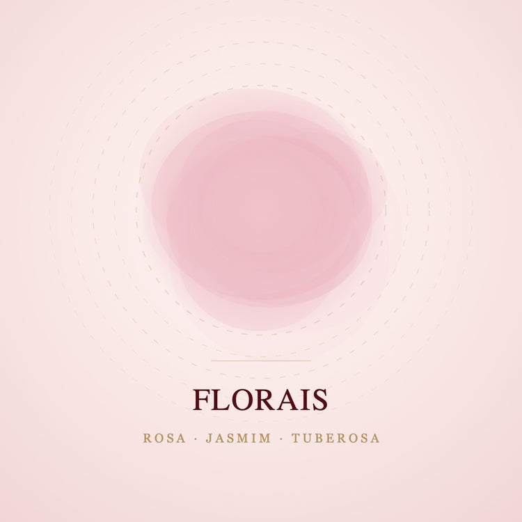 Capa da coleção Florais: rosa-claro difuso com anéis dourados tracejados, evocando rosa, jasmim e tuberosa.