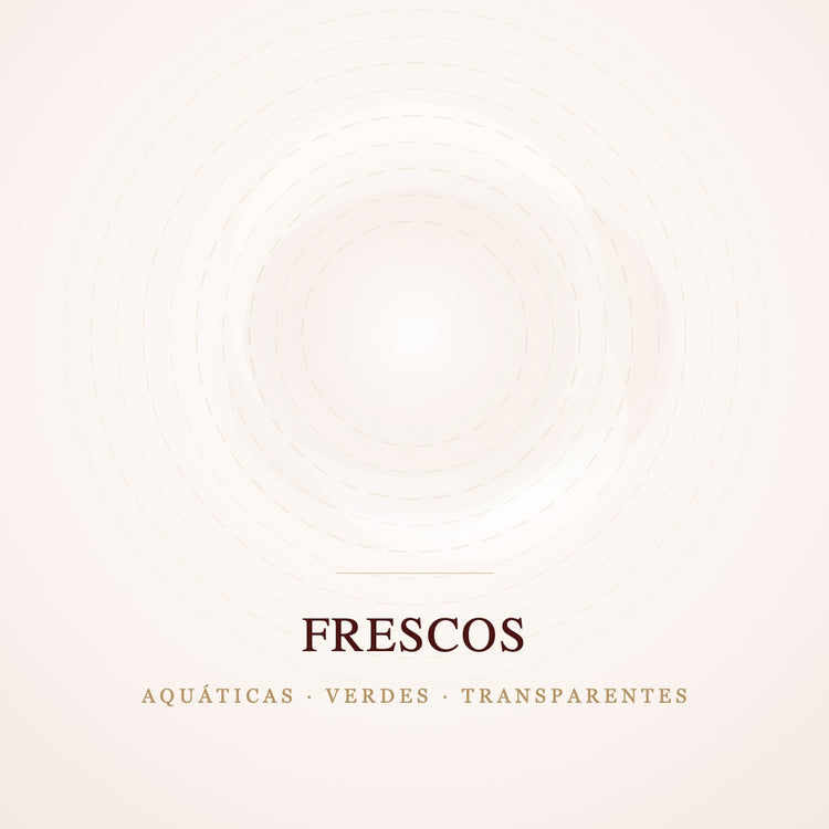 Capa da coleção Frescos: luz clara e difusa com anéis tracejados, evocando notas aquáticas, verdes e transparentes.