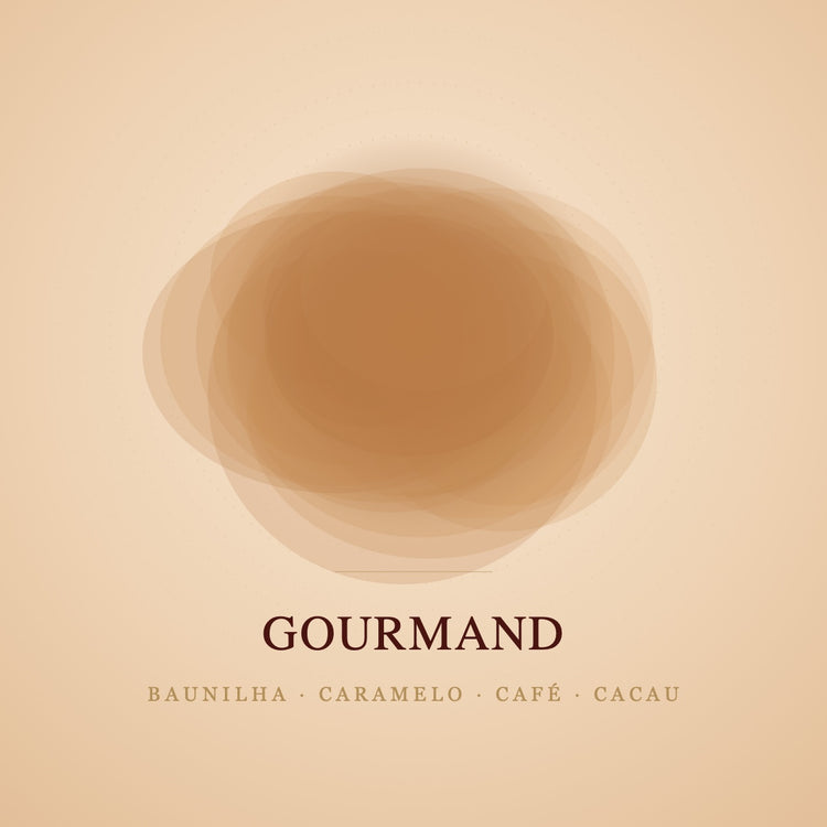 Capa da coleção Gourmand: tons de caramelo em camadas, evocando baunilha, caramelo, café e cacau.