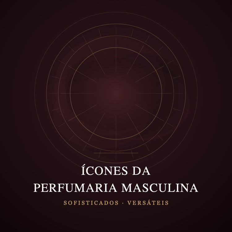 Capa da coleção Ícones da Perfumaria Masculina: geometria dourada sobre fundo escuro, evocando fragrâncias sofisticadas e versáteis.
