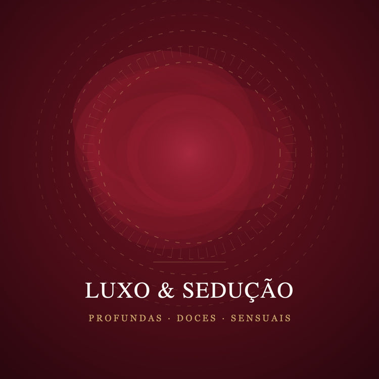 Capa da coleção Luxo & Sedução: vermelho profundo com anéis dourados, evocando notas profundas, doces e sensuais.