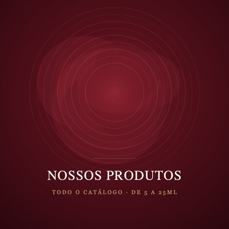 Capa da coleção Nossos Produtos: vinho da marca com anéis dourados. Todo o catálogo em decants de 5 a 25ml.