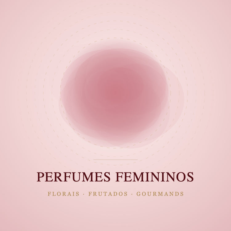 Capa da coleção Perfumes Femininos: rosa profundo difuso com anéis dourados, evocando florais, frutados e gourmands.