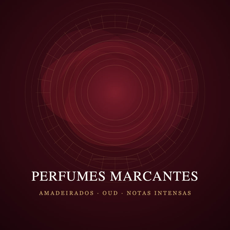 Capa da coleção Perfumes Marcantes: anéis dourados sobre vinho profundo, evocando amadeirados, oud e notas intensas.