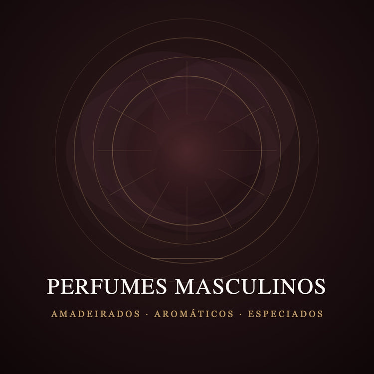 Capa da coleção Perfumes Masculinos: geometria dourada sobre fundo quase preto, evocando amadeirados, aromáticos e especiados.