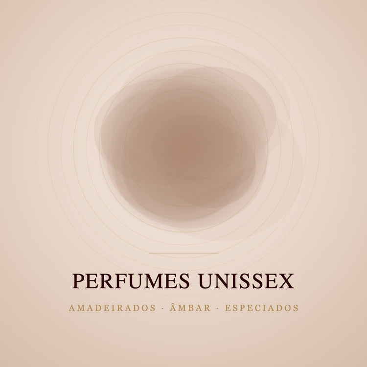 Capa da coleção Perfumes Unissex: tons neutros de areia com anéis dourados, evocando amadeirados, âmbar e especiados.