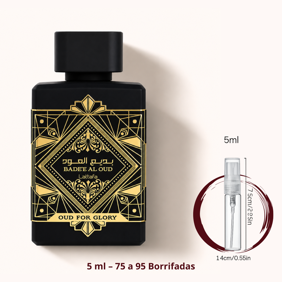 Lattafa Bade'e Al Oud For Glory — frasco ao lado de um decant spray de 5 ml, para comparar o tamanho; cerca de 75 a 95 borrifadas
