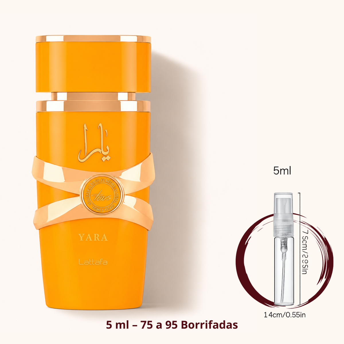Lattafa Yara Tous — frasco ao lado de um decant spray de 5 ml, para comparar o tamanho; cerca de 75 a 95 borrifadas