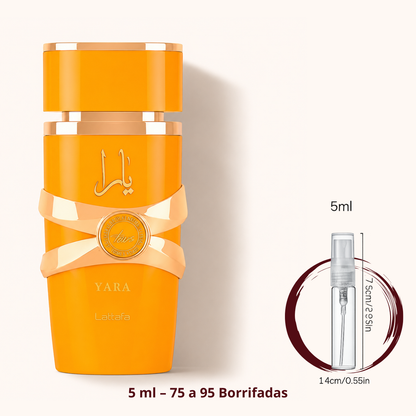 Lattafa Yara Tous — frasco ao lado de um decant spray de 5 ml, para comparar o tamanho; cerca de 75 a 95 borrifadas