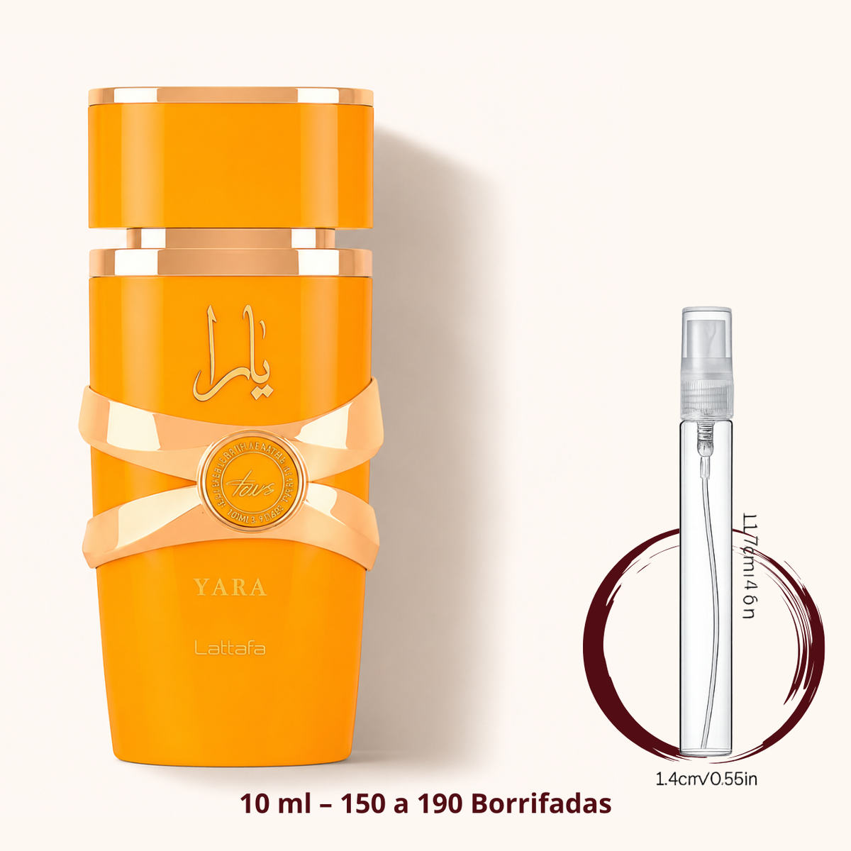 Lattafa Yara Tous — frasco ao lado de um decant spray de 10 ml, para comparar o tamanho; cerca de 150 a 190 borrifadas
