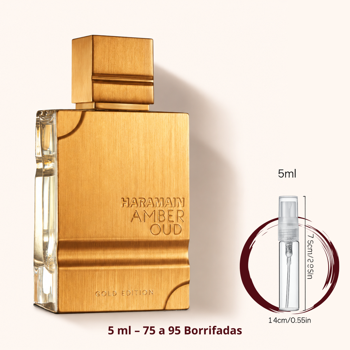 Al Haramain Amber Oud Gold Edition — frasco ao lado de um decant spray de 5 ml, para comparar o tamanho; cerca de 75 a 95 borrifadas