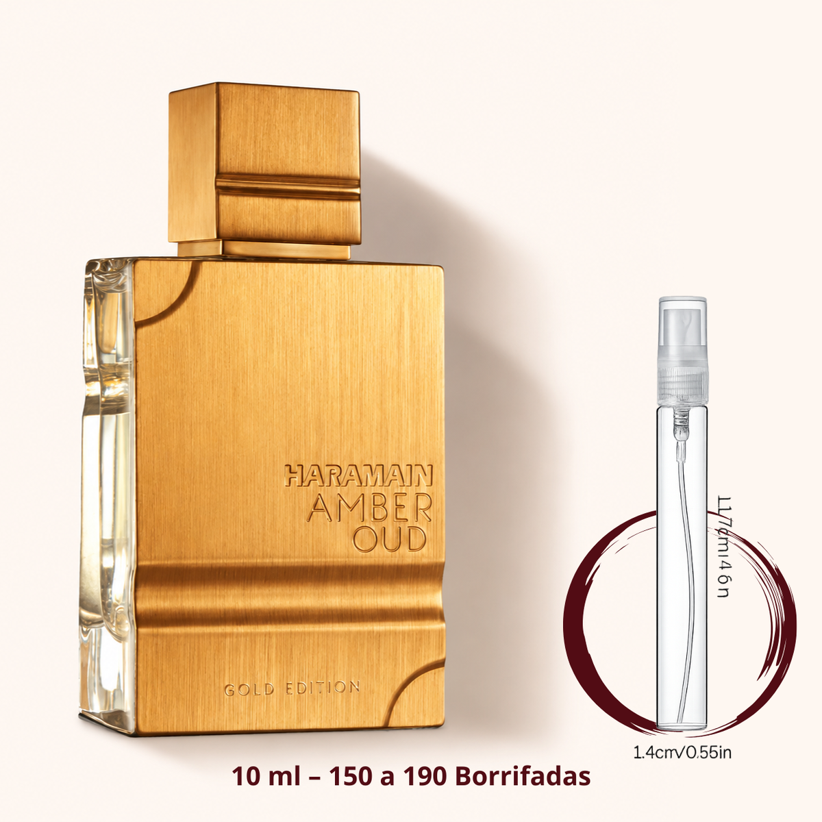 Al Haramain Amber Oud Gold Edition — frasco ao lado de um decant spray de 10 ml, para comparar o tamanho; cerca de 150 a 190 borrifadas