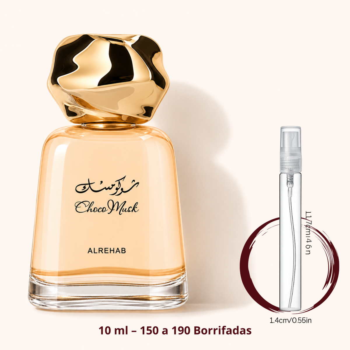 Al Rehab Choco Musk — frasco ao lado de um decant spray de 10 ml, para comparar o tamanho; cerca de 150 a 190 borrifadas