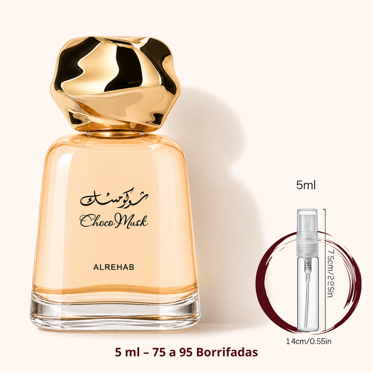 Al Rehab Choco Musk — frasco ao lado de um decant spray de 5 ml, para comparar o tamanho; cerca de 75 a 95 borrifadas