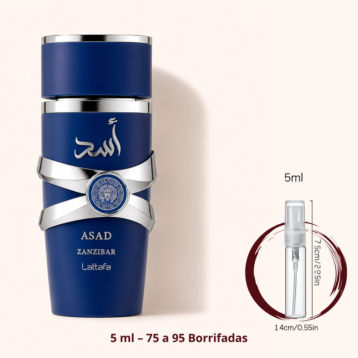 Lattafa Asad Zanzibar — frasco ao lado de um decant spray de 5 ml, para comparar o tamanho; cerca de 75 a 95 borrifadas