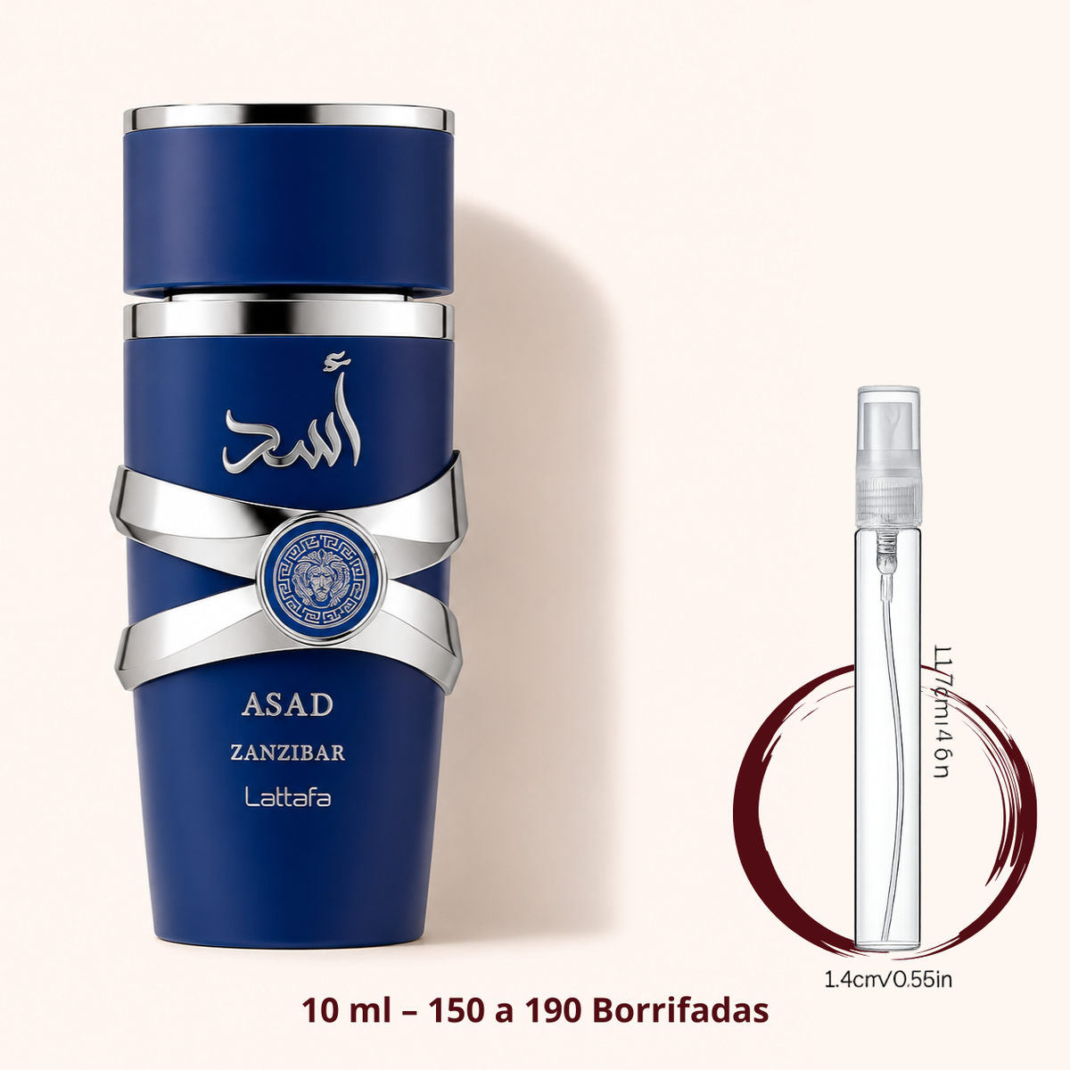 Lattafa Asad Zanzibar — frasco ao lado de um decant spray de 10 ml, para comparar o tamanho; cerca de 150 a 190 borrifadas