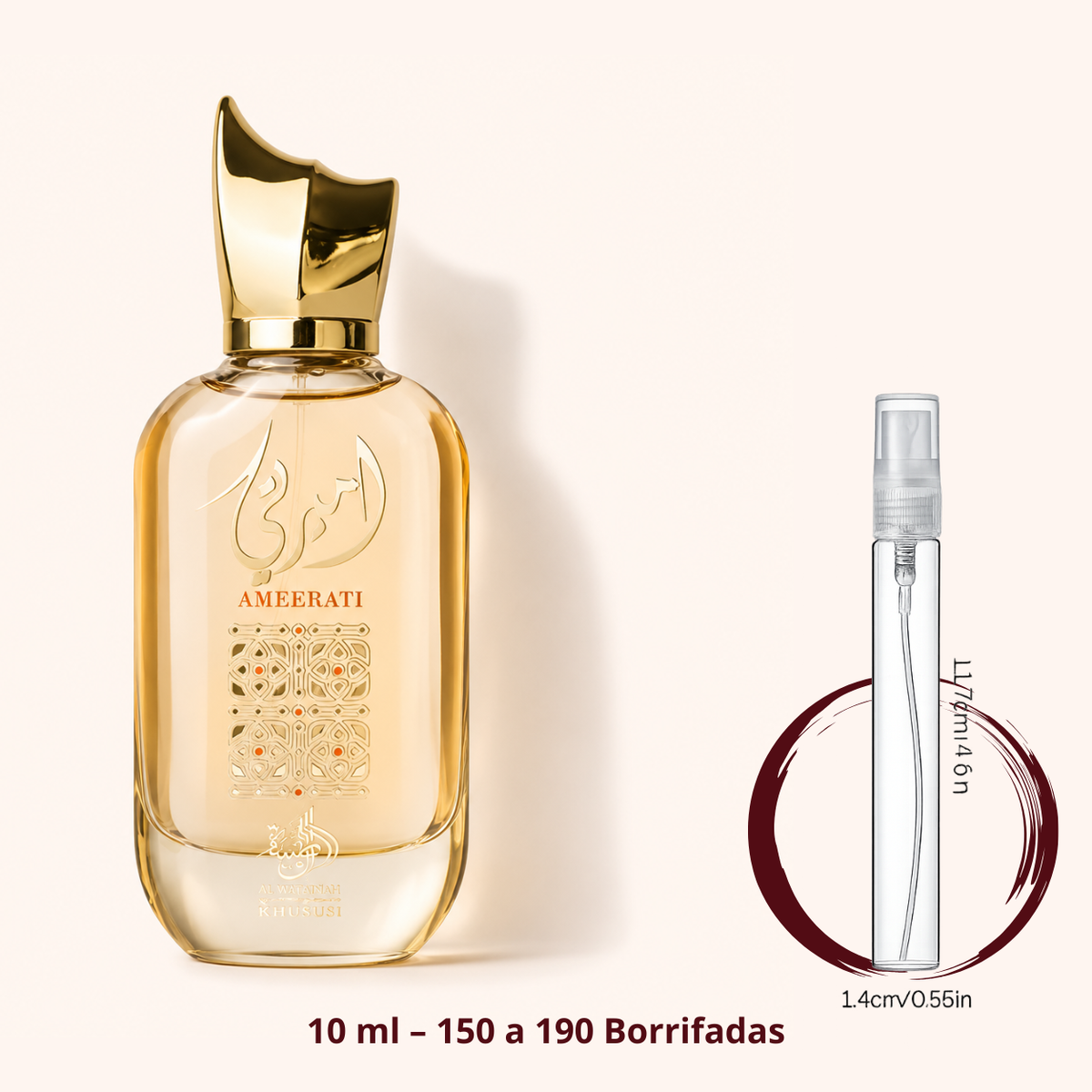 Al Wataniah Ameerati — frasco ao lado de um decant spray de 10 ml, para comparar o tamanho; cerca de 150 a 190 borrifadas