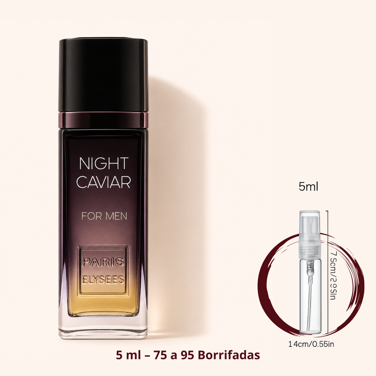 Paris Elysees Night Caviar — frasco ao lado de um decant spray de 5 ml, para comparar o tamanho; cerca de 75 a 95 borrifadas