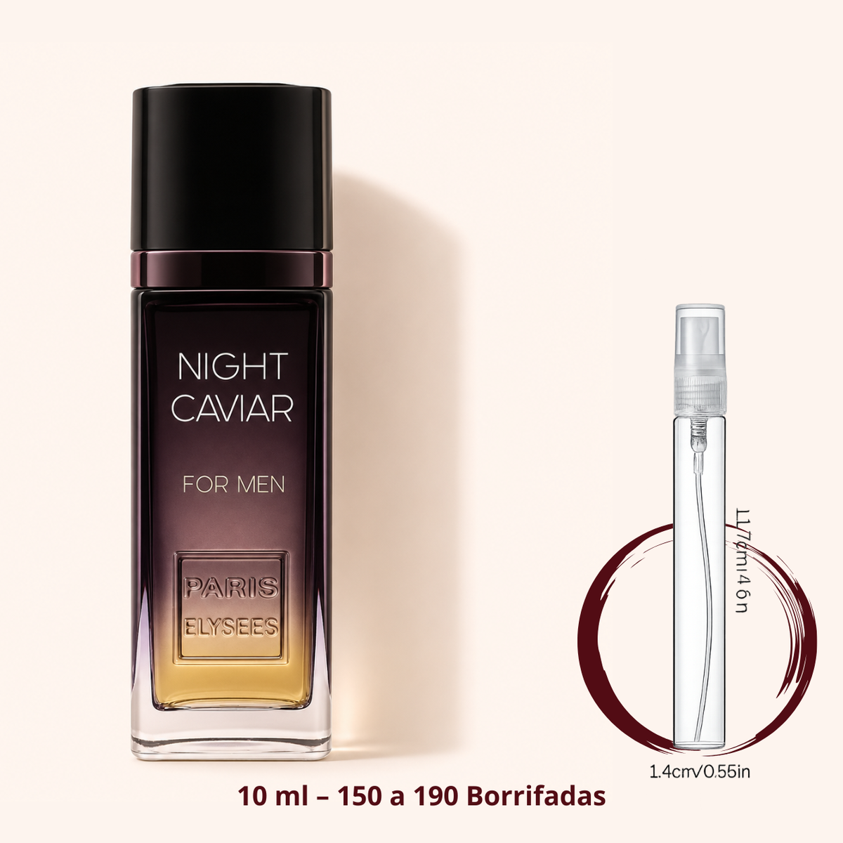 Paris Elysees Night Caviar — frasco ao lado de um decant spray de 10 ml, para comparar o tamanho; cerca de 150 a 190 borrifadas