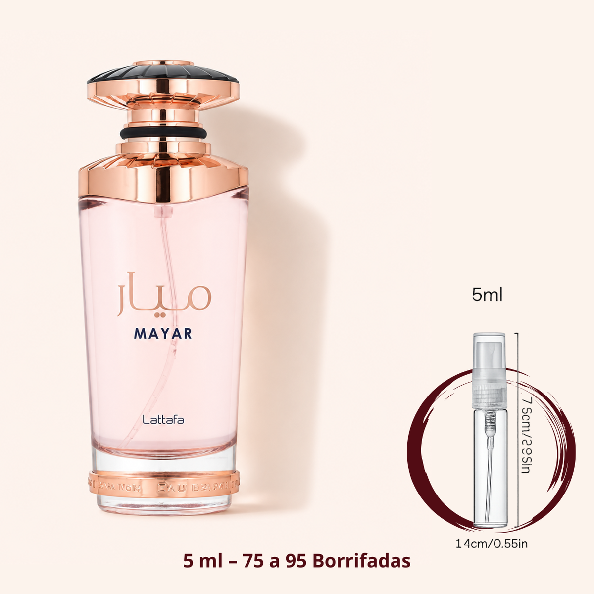 Lattafa Mayar — frasco ao lado de um decant spray de 5 ml, para comparar o tamanho; cerca de 75 a 95 borrifadas