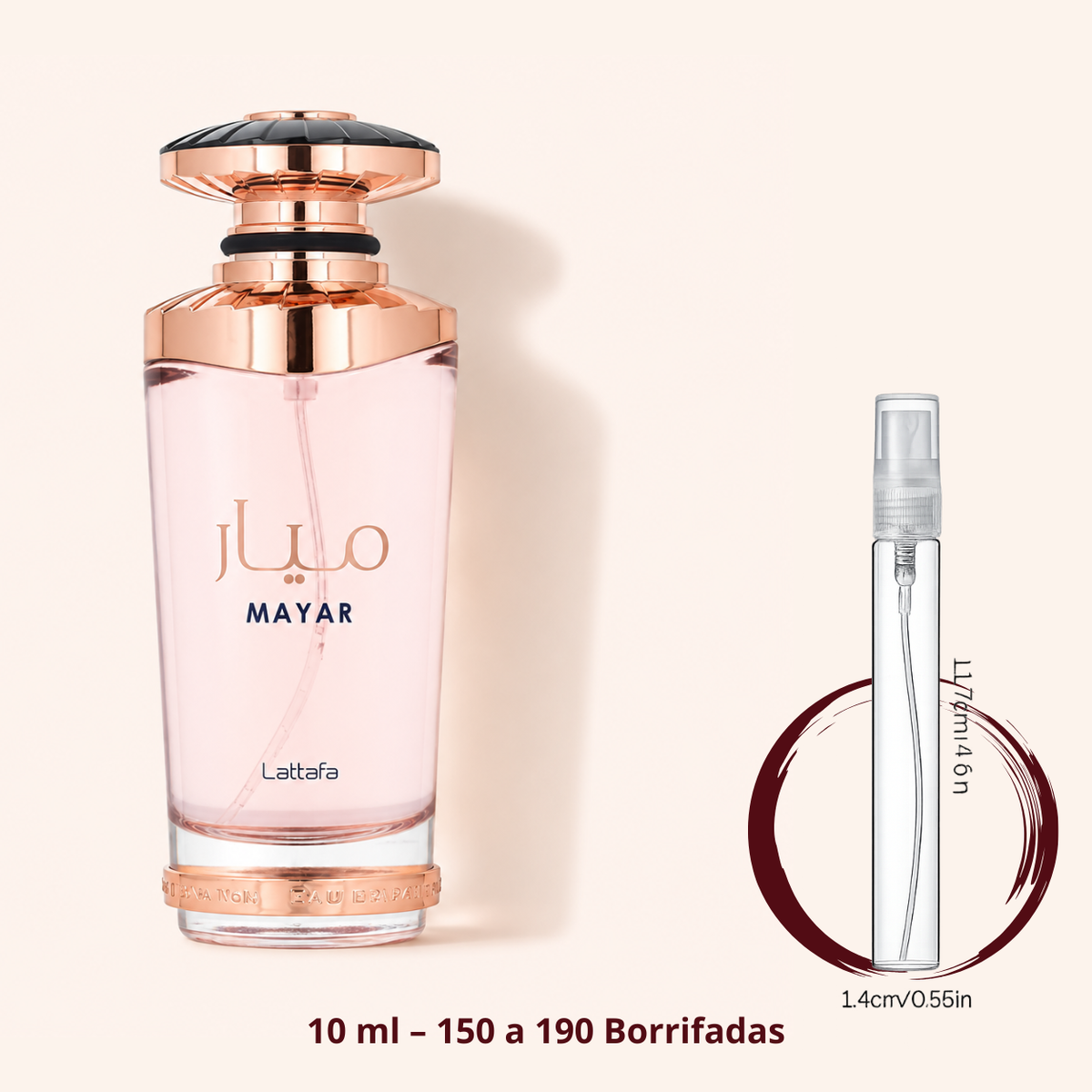 Lattafa Mayar — frasco ao lado de um decant spray de 10 ml, para comparar o tamanho; cerca de 150 a 190 borrifadas