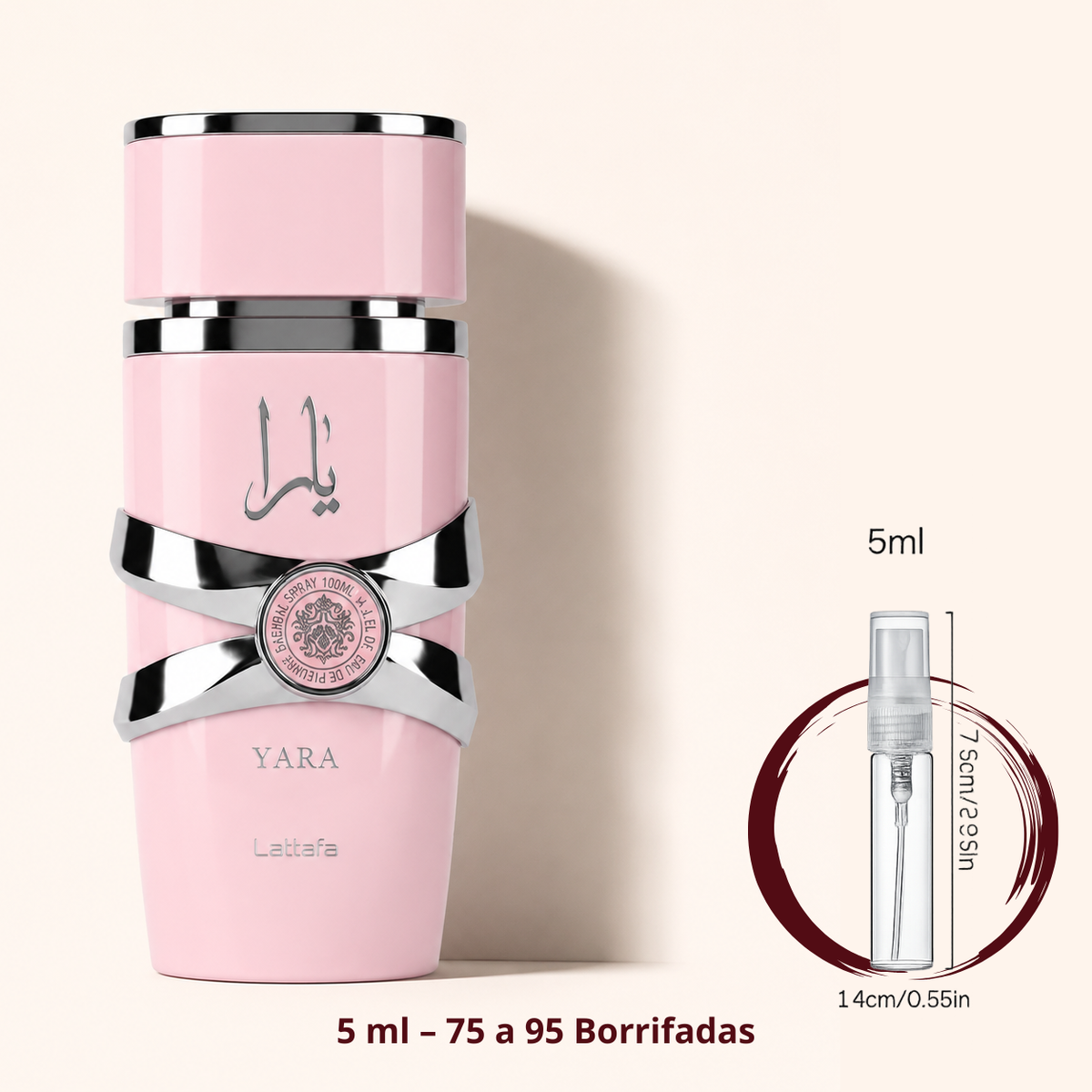 Lattafa Yara — frasco ao lado de um decant spray de 5 ml, para comparar o tamanho; cerca de 75 a 95 borrifadas