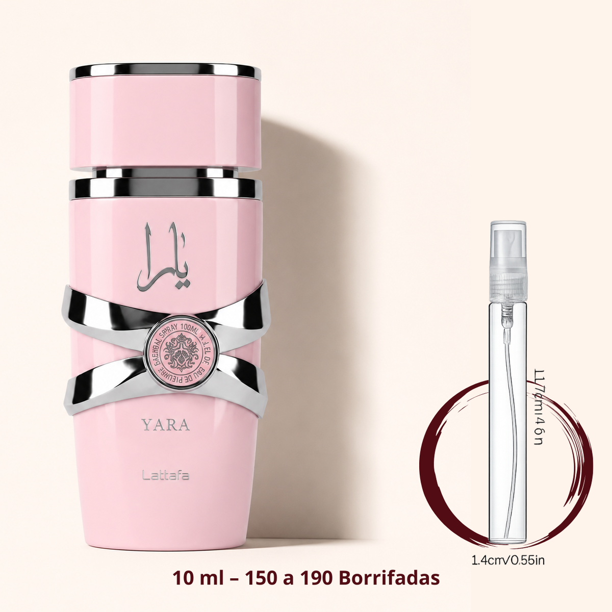 Lattafa Yara — frasco ao lado de um decant spray de 10 ml, para comparar o tamanho; cerca de 150 a 190 borrifadas