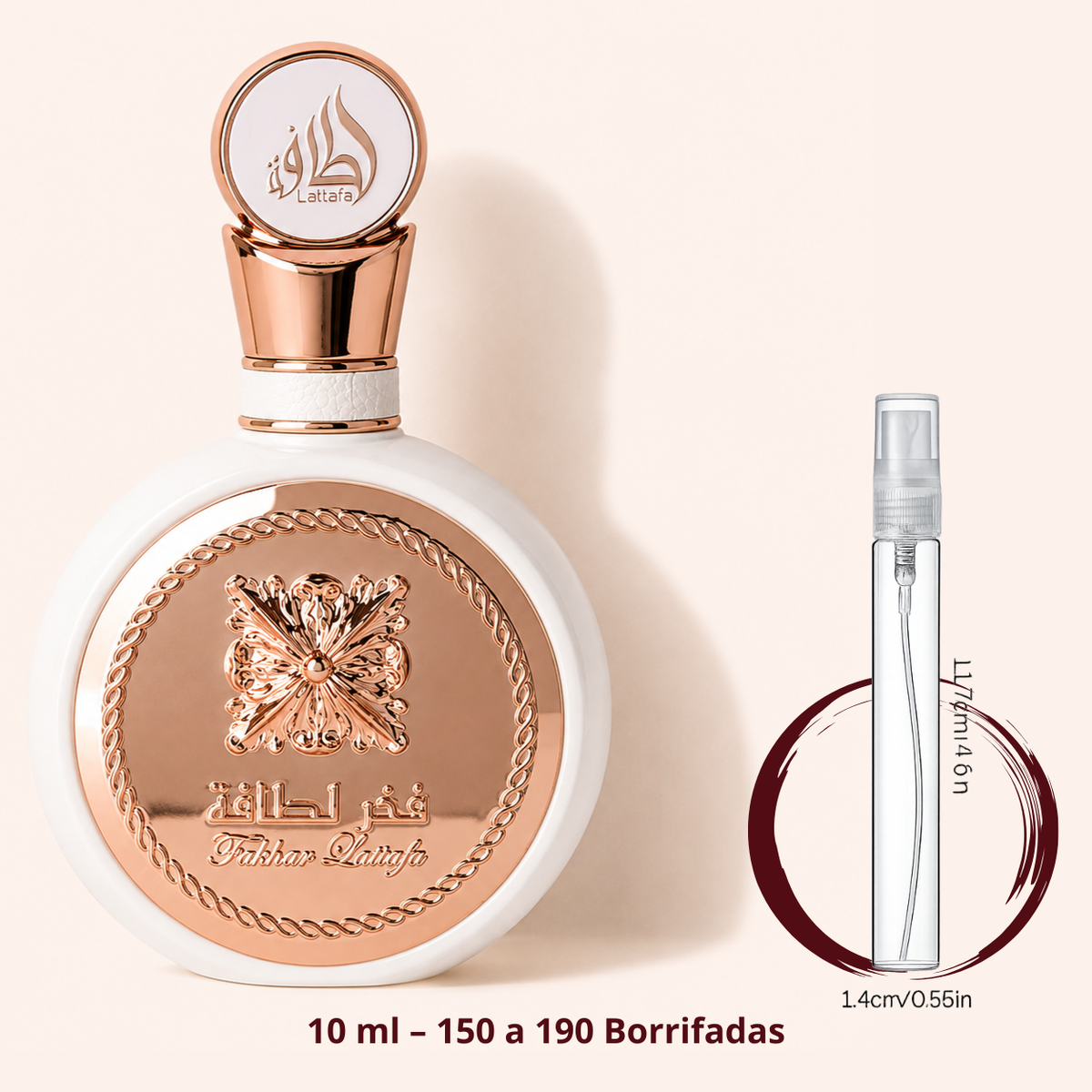 Lattafa Fakhar Rose — frasco ao lado de um decant spray de 10 ml, para comparar o tamanho; cerca de 150 a 190 borrifadas