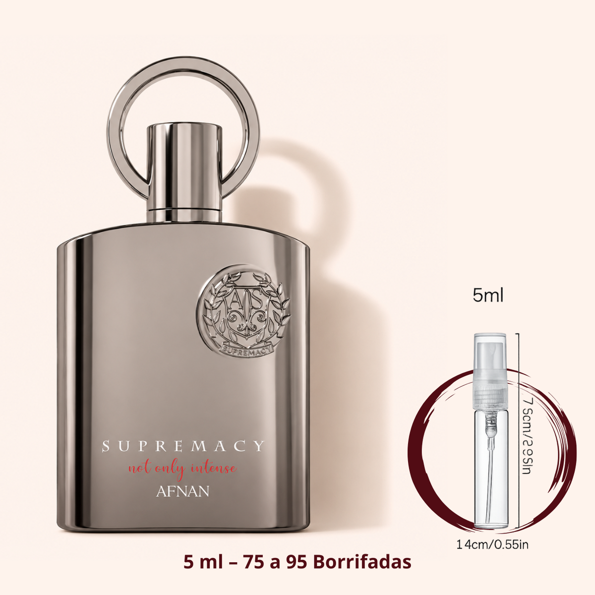 Afnan Supremacy Not Only Intense — frasco ao lado de um decant spray de 5 ml, para comparar o tamanho; cerca de 75 a 95 borrifadas
