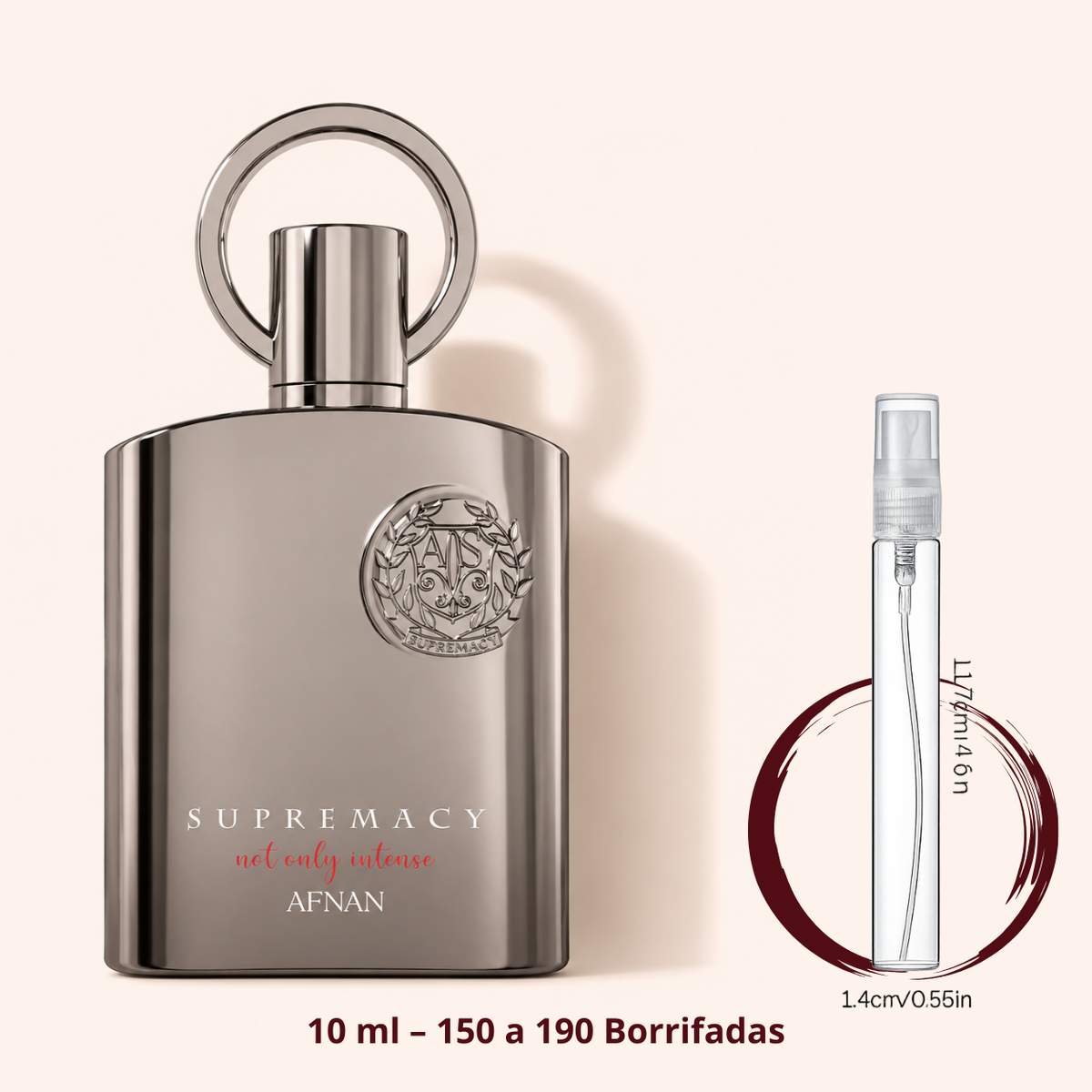 Afnan Supremacy Not Only Intense — frasco ao lado de um decant spray de 10 ml, para comparar o tamanho; cerca de 150 a 190 borrifadas
