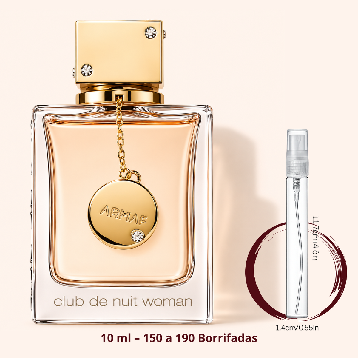 Armaf Club de Nuit Woman — frasco com pingente ao lado de um decant spray de 10 ml, para comparar o tamanho; cerca de 150 a 190 borrifadas