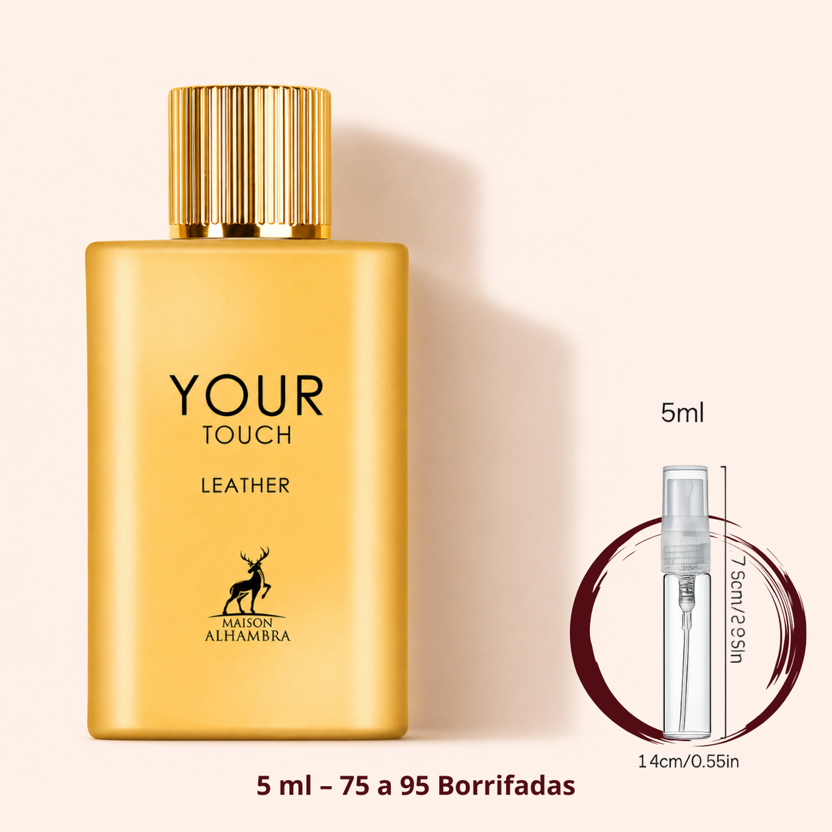 Maison Alhambra Your Touch Leather — frasco dourado ao lado de um decant spray de 5 ml, para comparar o tamanho; cerca de 75 a 95 borrifadas