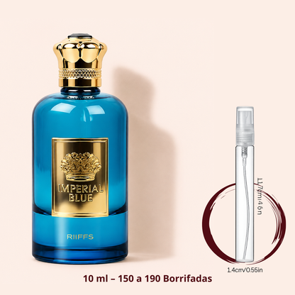 Riiffs Imperial Bleu — frasco azul ao lado de um decant spray de 10 ml, para comparar o tamanho; cerca de 150 a 190 borrifadas
