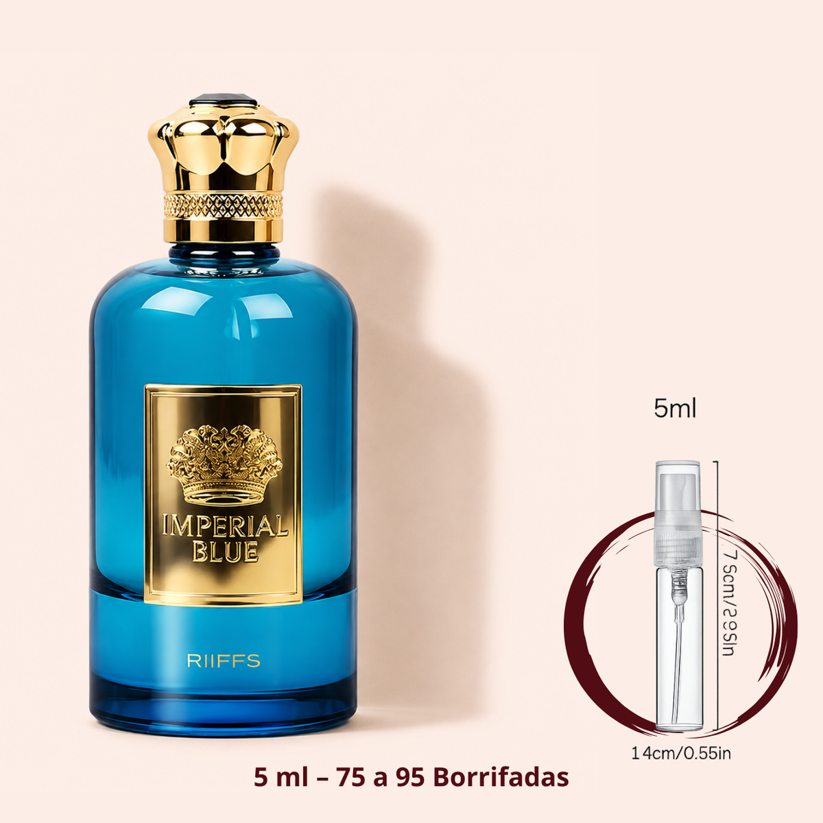 Riiffs Imperial Bleu — frasco azul ao lado de um decant spray de 5 ml, para comparar o tamanho; cerca de 75 a 95 borrifadas