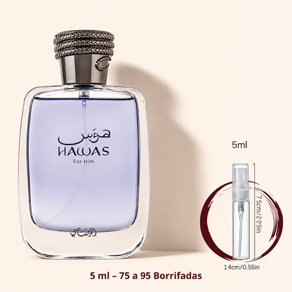 Rasasi Hawas for Him — frasco ao lado de um decant spray de 5 ml, para comparar o tamanho; cerca de 75 a 95 borrifadas