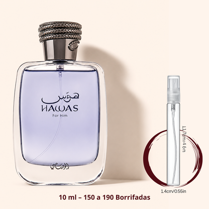 Rasasi Hawas for Him — frasco ao lado de um decant spray de 10 ml, para comparar o tamanho; cerca de 150 a 190 borrifadas