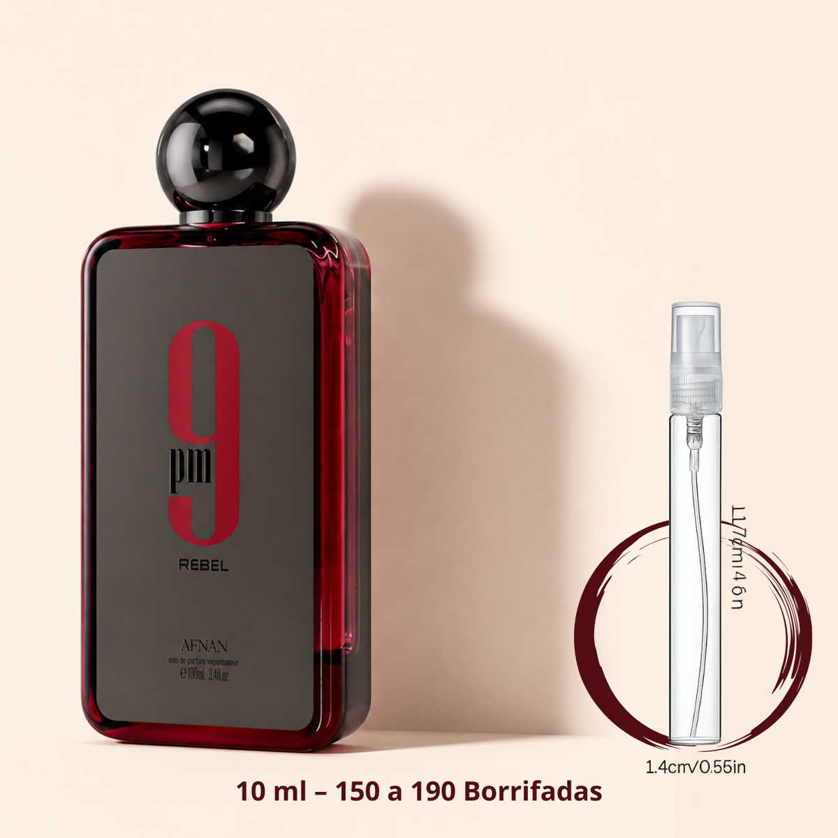 Afnan 9PM Rebel — frasco ao lado de um decant spray de 10 ml, para comparar o tamanho; cerca de 150 a 190 borrifadas