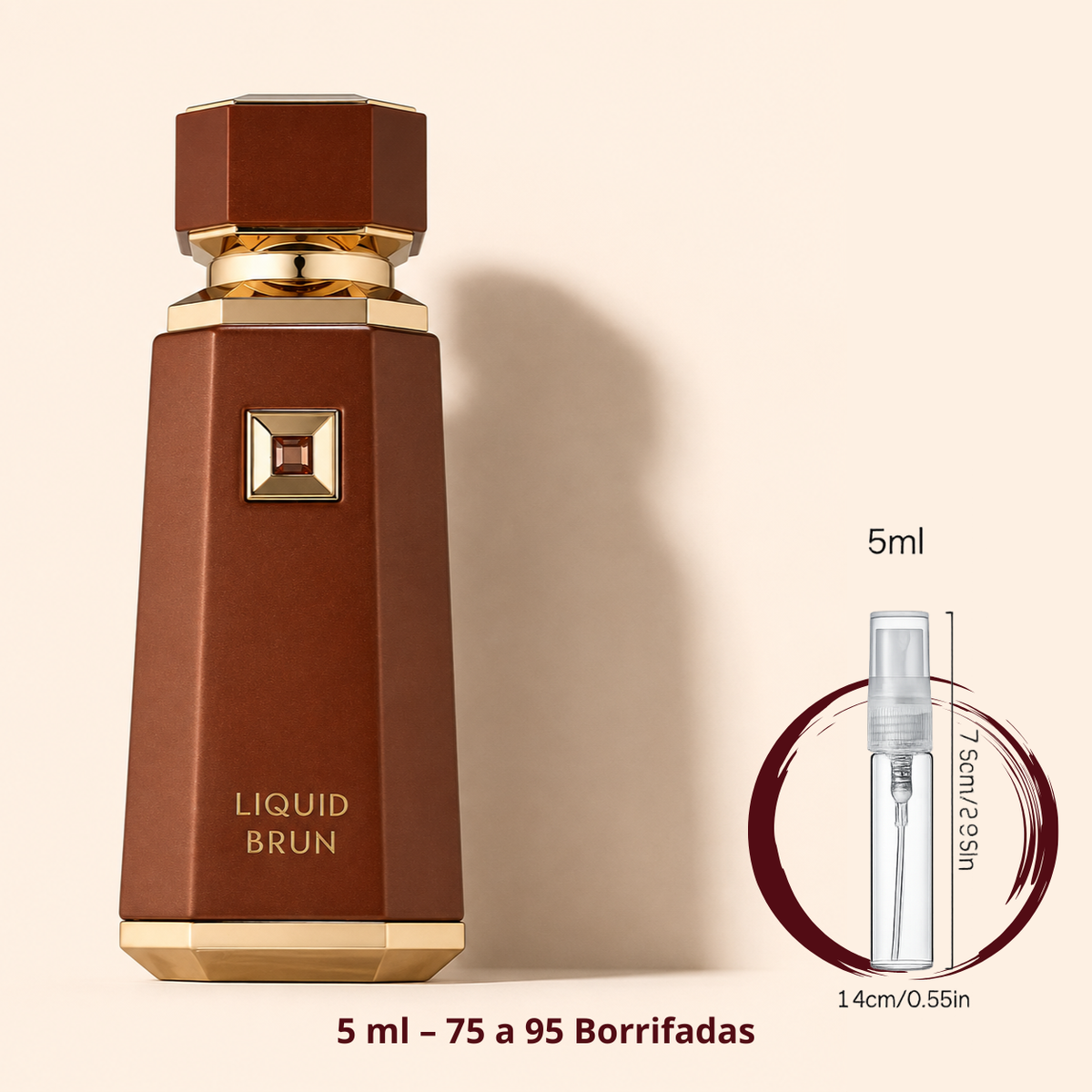 French Avenue Liquid Brun — frasco ao lado de um decant spray de 5 ml, para comparar o tamanho; cerca de 75 a 95 borrifadas