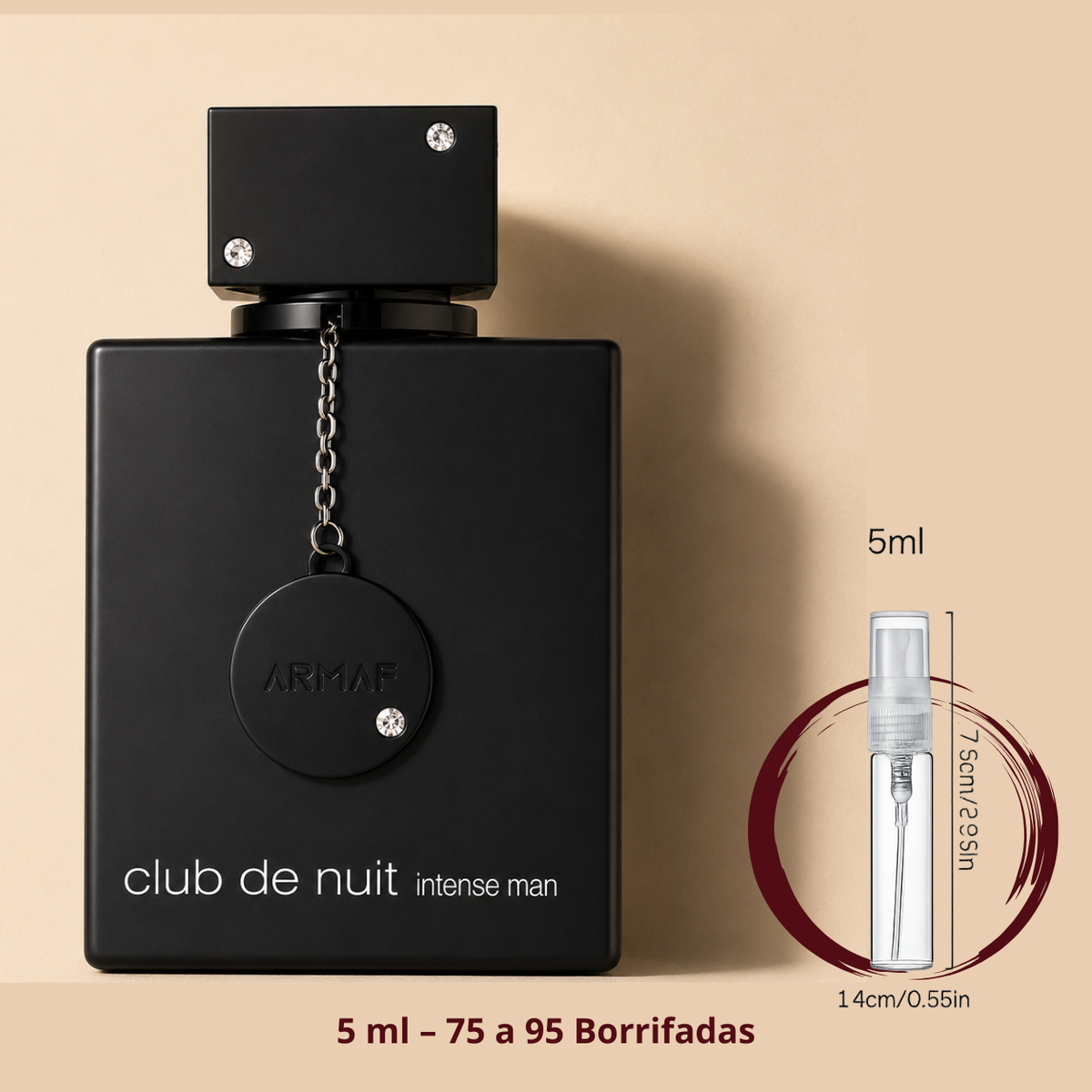 Armaf Club de Nuit Intense Man — frasco ao lado de um decant spray de 5 ml, para comparar o tamanho; cerca de 75 a 95 borrifadas
