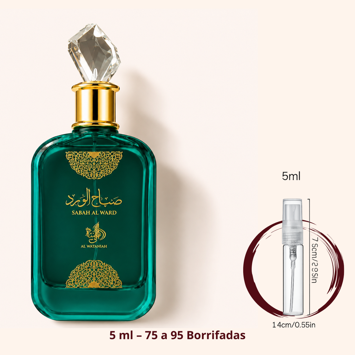 Al Wataniah Sabah Al Ward — frasco ao lado de um decant spray de 5 ml, para comparar o tamanho; cerca de 75 a 95 borrifadas