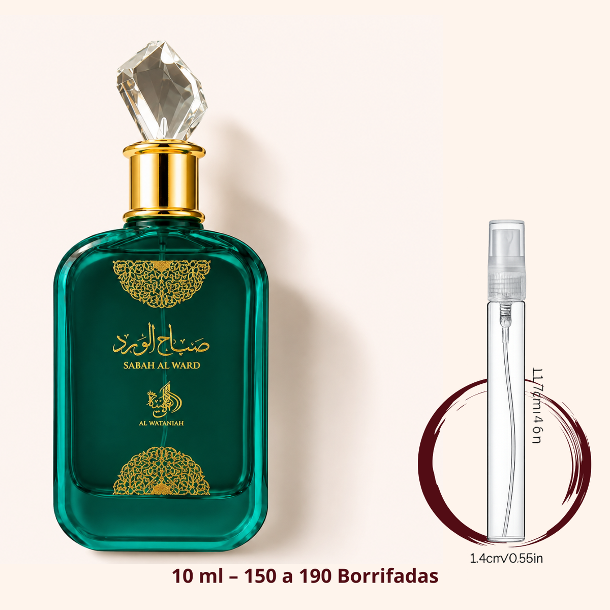 Al Wataniah Sabah Al Ward — frasco ao lado de um decant spray de 10 ml, para comparar o tamanho; cerca de 150 a 190 borrifadas